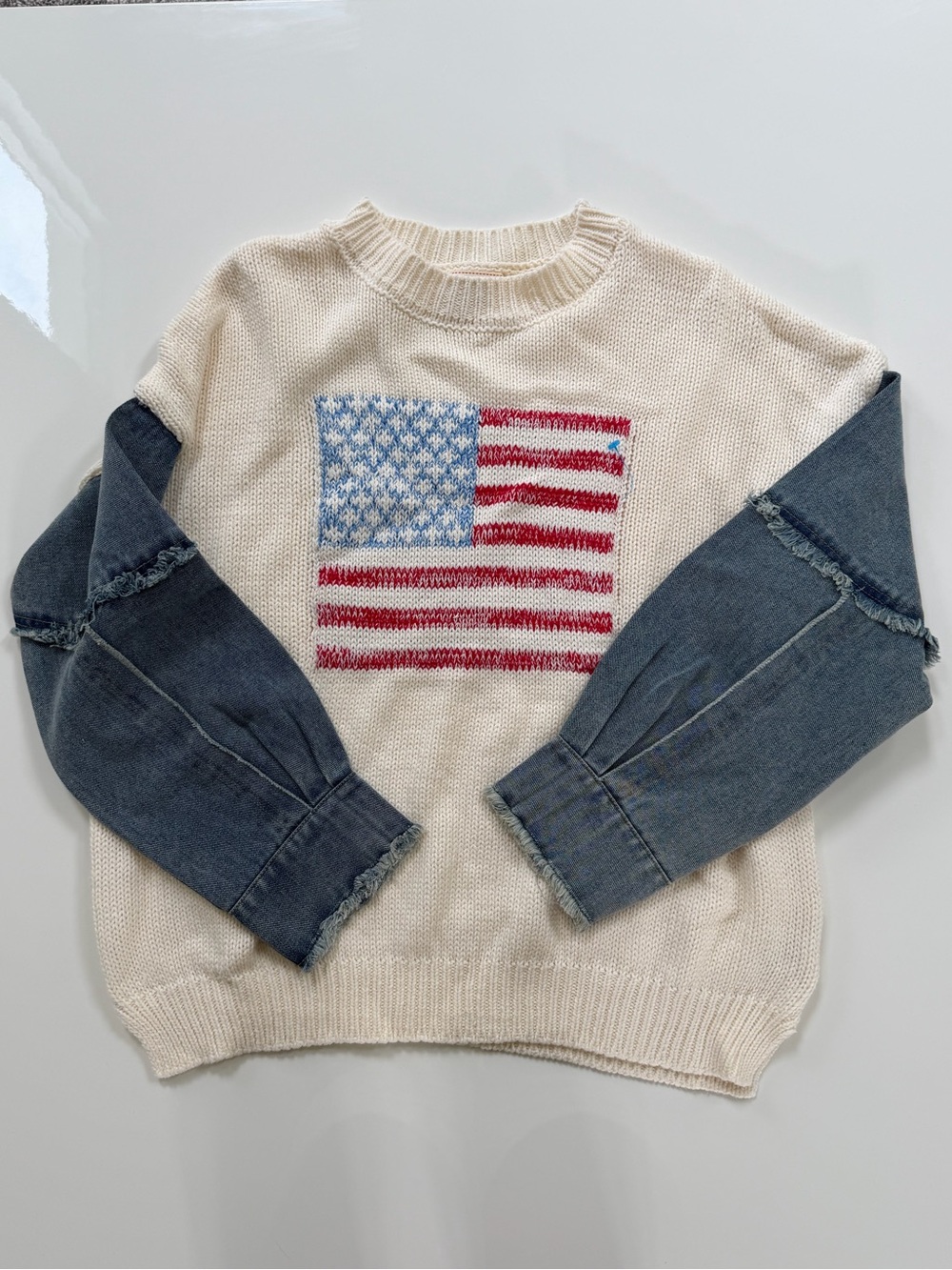 J.O.A. Oversized Cream Knit Sweater with American Flag and Denim Sleeves size S